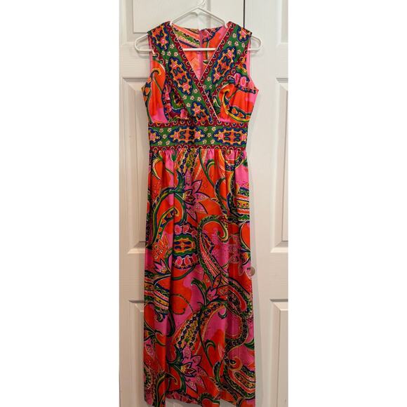 Vintage 70s Psychedelic Floral Maxi Dress Pink Green V-Neck – Small - Picture 1 of 6